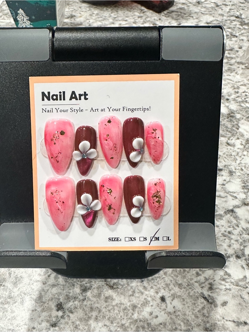 Pink & Burgundy Floral 3D Press-On Nail Set